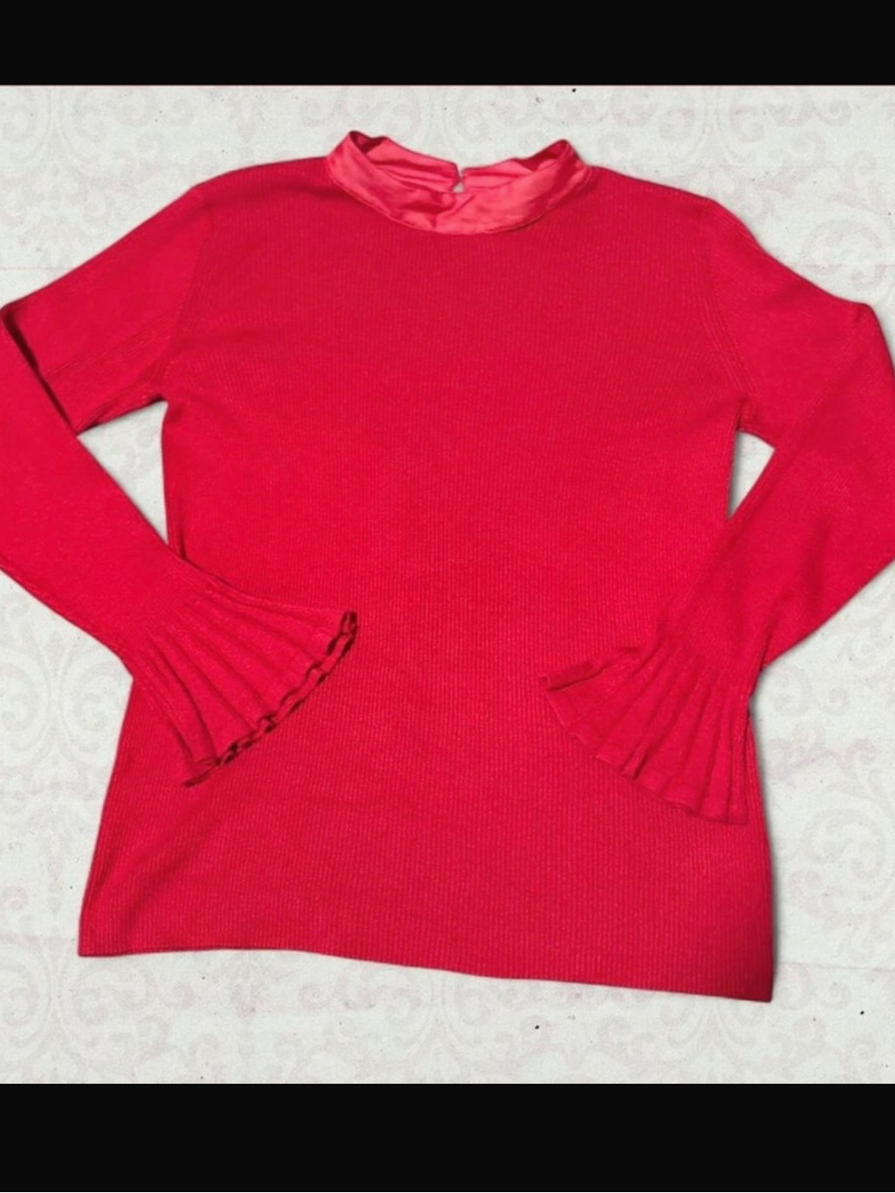 Cato Bright Red Ribbed Long Sleeve Top with Ruffle Bell Cuffs